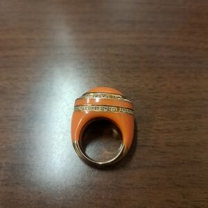 Statement Orange Dome Ring with Gold-Tone Crystal Bands
